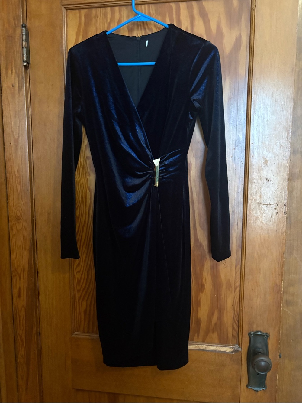 Elegant Blue Velvet Wrap Dress with silver Accent